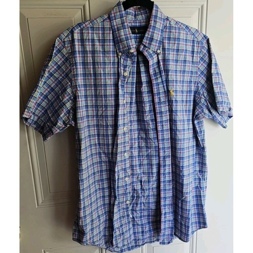 Polo Ralph Lauren Short Sleeve Collared Dress Shirt Mens Plaid Button Up Sz M